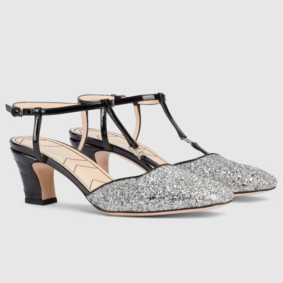 GUCCI SHOES T-STRAP SILVER GLITTER SLINGBACK PUMPS w DOUBLE G LOGO sz 37.5 7.5 - Picture 2 of 14